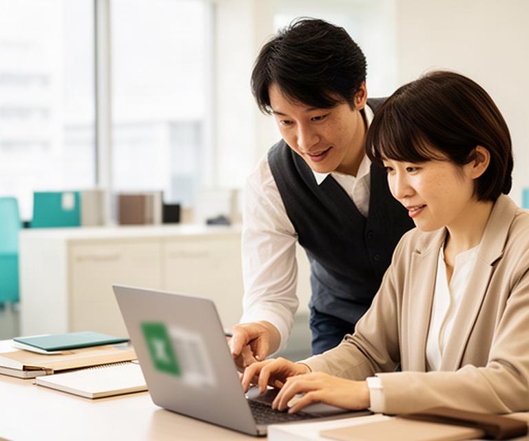 明るい事務所で担当者がノートパソコンの表計算画面を確認し、隣の同僚と集計方法を相談している様子