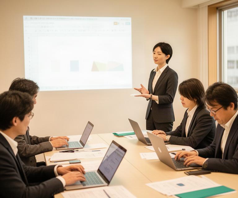 静岡県内の小会議室で講師が投影画面を使い、参加者が手元の表計算シートを操作している研修風景